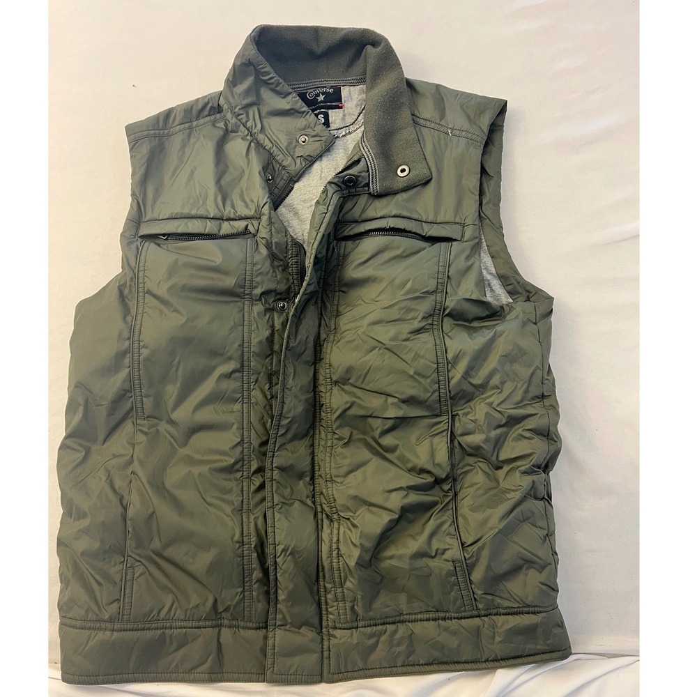 Converse Black Canvas Mens Small Olive Green Puffer Vest Nylon Cotton Lined